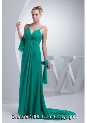 Beading and Ruches Accent Turquoise Prom Evening Dress with Straps