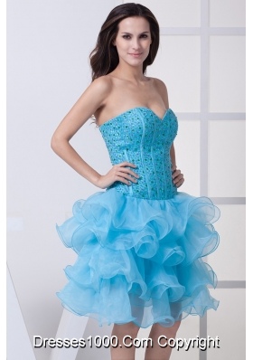 Beading and Ruffled Layers Accent Organza Prom Dresses in Aqua Blue