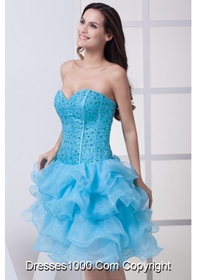 Beading and Ruffled Layers Accent Organza Prom Dresses in Aqua Blue