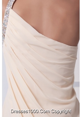 Beading Decorated One Shoulder Mini-length Champagne Prom Dresses