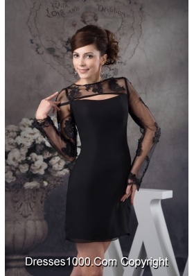 Black Chiffon and Lace Prom Evening Dress with Long Sleeves