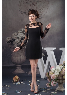 Black Chiffon and Lace Prom Evening Dress with Long Sleeves