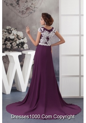 Brush Train Dark Purple Scoop Prom Dress with Appliques