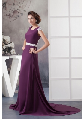 Brush Train Dark Purple Scoop Prom Dress with Appliques