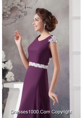 Brush Train Dark Purple Scoop Prom Dress with Appliques