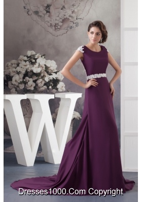 Brush Train Dark Purple Scoop Prom Dress with Appliques