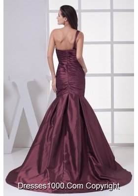 Burgundy One Shoulder Mermaid Ruched Brush Train Prom Graduation Dress