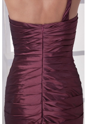 Burgundy One Shoulder Mermaid Ruched Brush Train Prom Graduation Dress