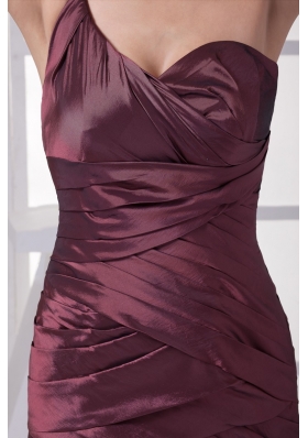 Burgundy One Shoulder Mermaid Ruched Brush Train Prom Graduation Dress