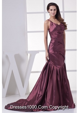 Burgundy One Shoulder Mermaid Ruched Brush Train Prom Graduation Dress