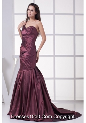 Burgundy One Shoulder Mermaid Ruched Brush Train Prom Graduation Dress