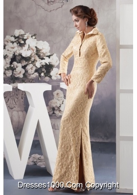 Champagne Ankle-length High-neck Prom Dress with Long Sleeves