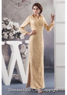 Champagne Ankle-length High-neck Prom Dress with Long Sleeves