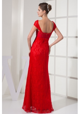 Column Cap Sleeves Square Zipper-up Back Prom Gowns in Red