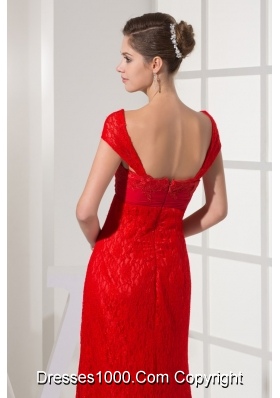 Column Cap Sleeves Square Zipper-up Back Prom Gowns in Red