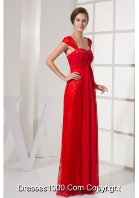 Column Cap Sleeves Square Zipper-up Back Prom Gowns in Red