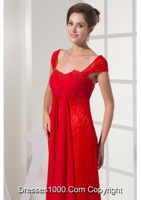 Column Cap Sleeves Square Zipper-up Back Prom Gowns in Red