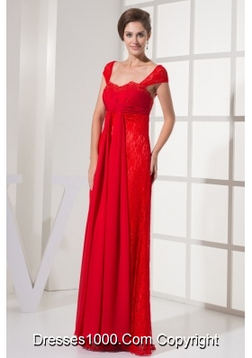 Column Cap Sleeves Square Zipper-up Back Prom Gowns in Red