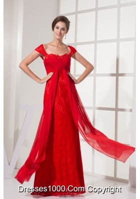 Column Cap Sleeves Square Zipper-up Back Prom Gowns in Red
