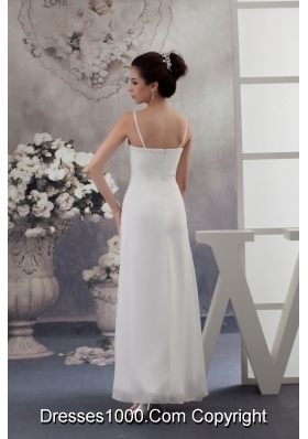 Column Spaghetti Straps White Wedding Dress with Ruche and Beading