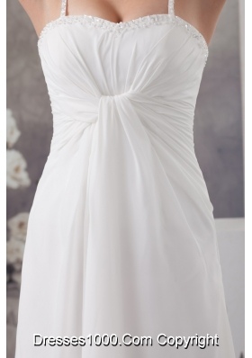 Column Spaghetti Straps White Wedding Dress with Ruche and Beading