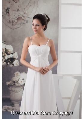 Column Spaghetti Straps White Wedding Dress with Ruche and Beading