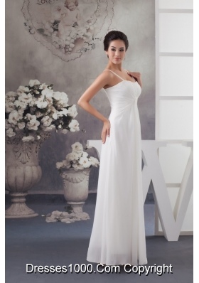 Column Spaghetti Straps White Wedding Dress with Ruche and Beading