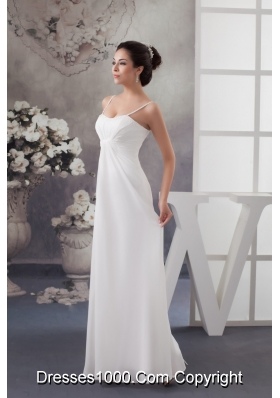 Column Spaghetti Straps White Wedding Dress with Ruche and Beading