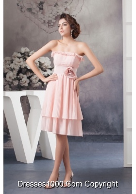 Flounced and Pleated Chiffon Prom Evening Dress with Flower