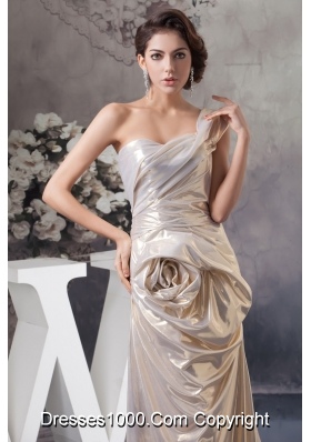 Flower Accent Champagne Prom Graduation Dress of One Shoulder