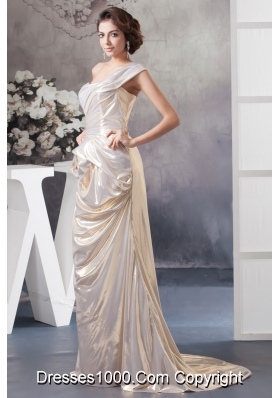 Flower Accent Champagne Prom Graduation Dress of One Shoulder