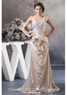 Flower Accent Champagne Prom Graduation Dress of One Shoulder