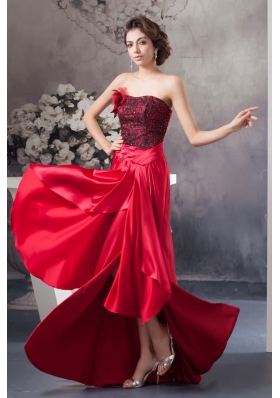 Flower and Lace Accent Red High-Low Prom Graduation Dress