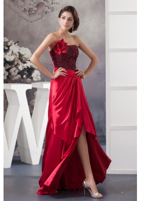 Flower and Lace Accent Red High-Low Prom Graduation Dress