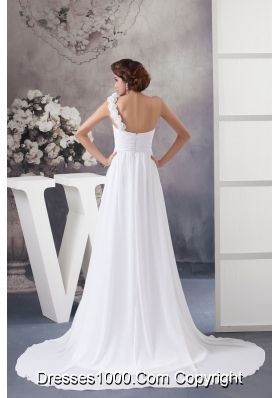 Flowery One Shoulder Chiffon Wedding Dress with Ruches and Court Train