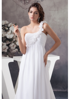 Flowery One Shoulder Chiffon Wedding Dress with Ruches and Court Train