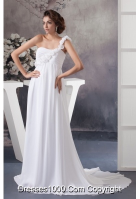 Flowery One Shoulder Chiffon Wedding Dress with Ruches and Court Train