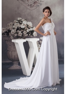 Flowery One Shoulder Chiffon Wedding Dress with Ruches and Court Train