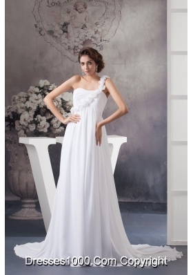 Flowery One Shoulder Chiffon Wedding Dress with Ruches and Court Train