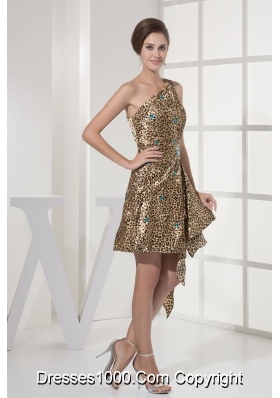 Gold Single Shoulder Leopard Prom Dress with Watteau Train and Blue Beadings