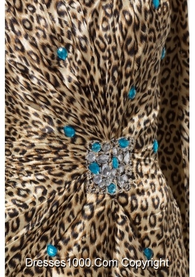 Gold Single Shoulder Leopard Prom Dress with Watteau Train and Blue Beadings