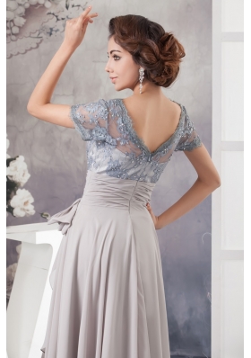 Gray Lace and Chiffon Prom Graduation Dress with Short Sleeves