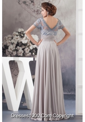 Gray Lace and Chiffon Prom Graduation Dress with Short Sleeves