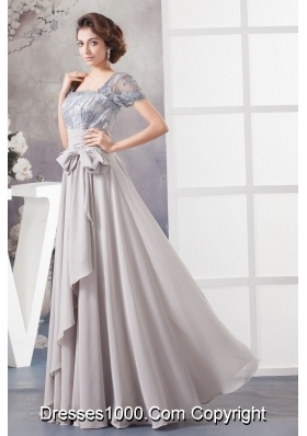 Gray Lace and Chiffon Prom Graduation Dress with Short Sleeves