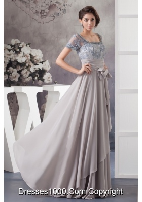 Gray Lace and Chiffon Prom Graduation Dress with Short Sleeves