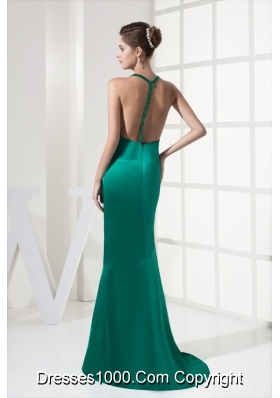 Green Brush Train Backless Prom Evening Dress with Plunging Neckline