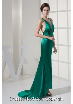 Green Brush Train Backless Prom Evening Dress with Plunging Neckline