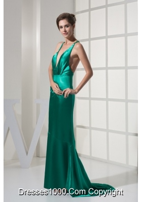 Green Brush Train Backless Prom Evening Dress with Plunging Neckline