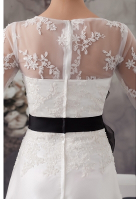 Half-sleeve Column White Wedding Dresses with Black Handmade Flower