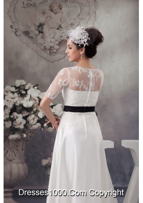 Half-sleeve Column White Wedding Dresses with Black Handmade Flower